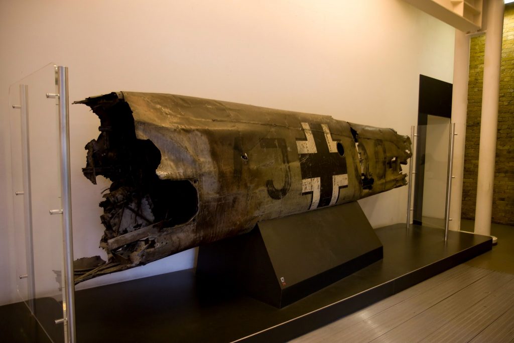 Part of the remains of the Messerschmitt BF-110 aircraft which Rudolph Hess flew to Britain in, in World War II.
