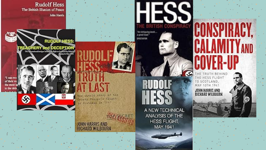 a montage of books by the historian John Harris